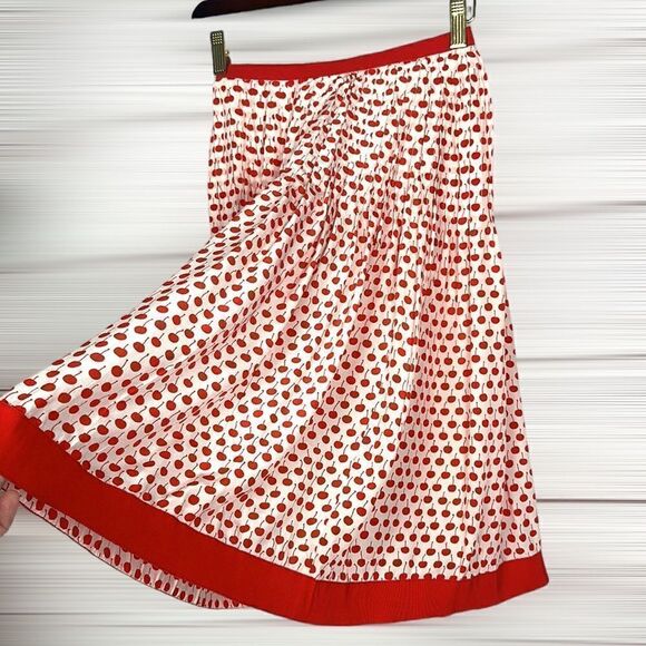 Oscar De La Renta Red & Cream Cherry Print Silk Pleated Skirt size US 00 - Picture 3 of 11